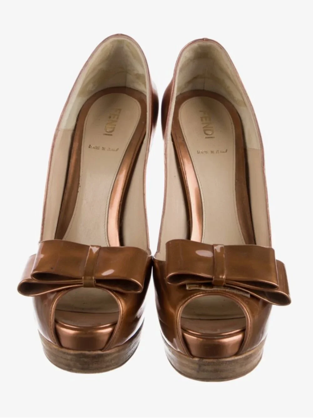FENDI Gold Copper Patent Leather Bow Open Toe Platform Pumps